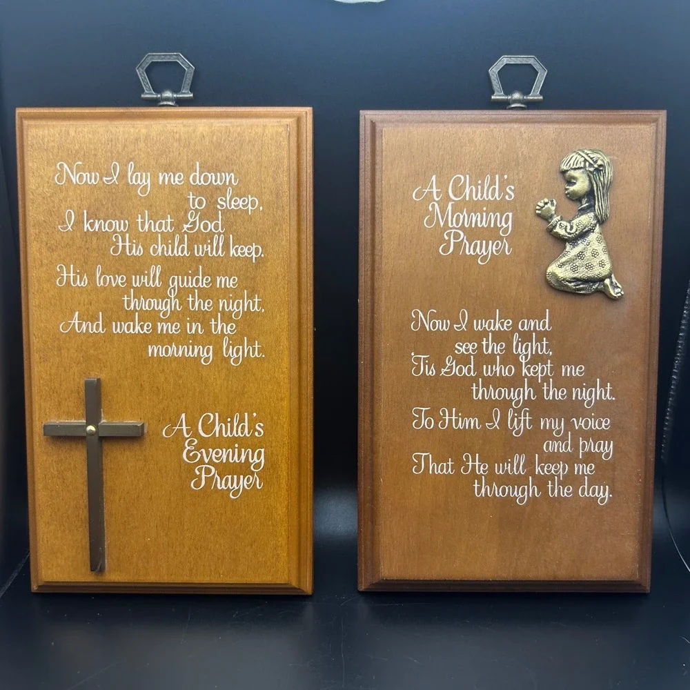 Vintage A Childs Morning and Evening Prayer Wood Wall Plaques Set of 2 Nursery